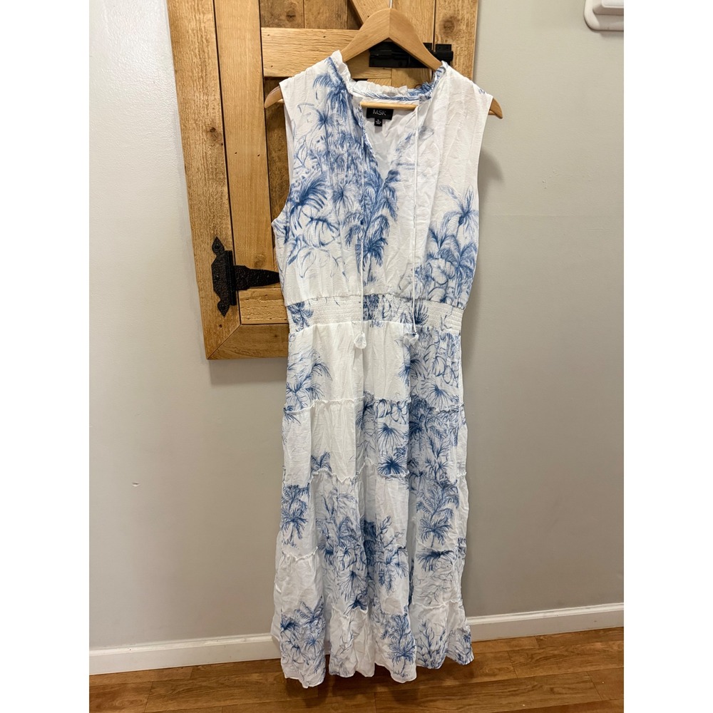 MSK Womens XL Blue White Tropical Palm Toile Tiered Sleeveless Maxi Dress
